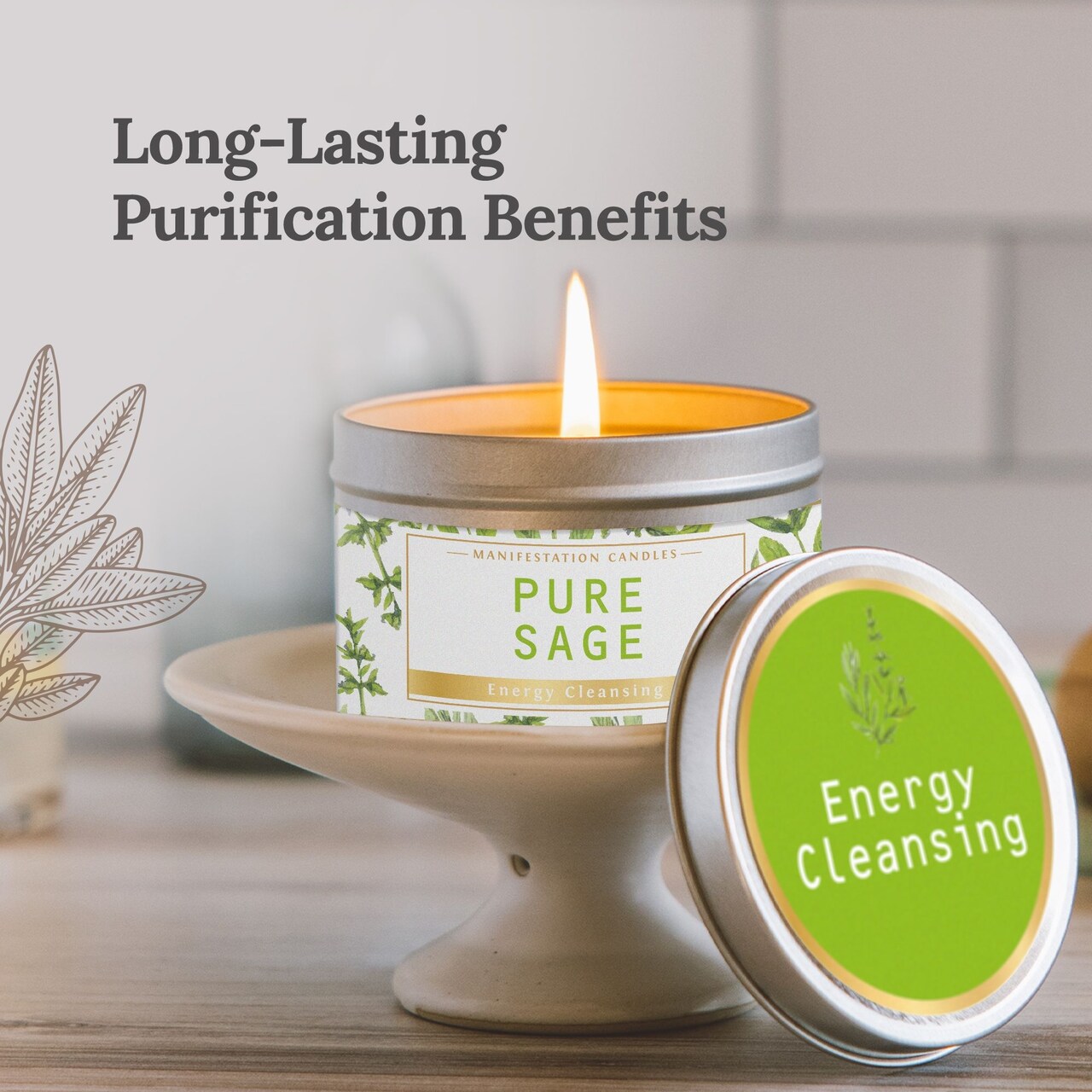Magnificent 101 Long Lasting Pure Sage Scented Candle - 6 oz - 35 Hour Burn - Natural Soy Wax Smudge for House Energy Cleansing, Positive Vibes & Manifestation